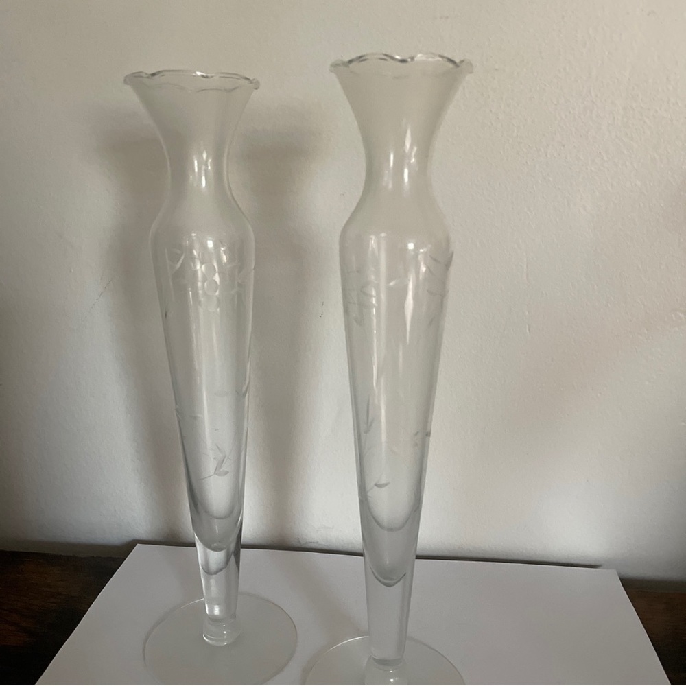 Vintage Princess House Crystal Heritage Bud Vases Etched, Ruffled 10" - Set of 2